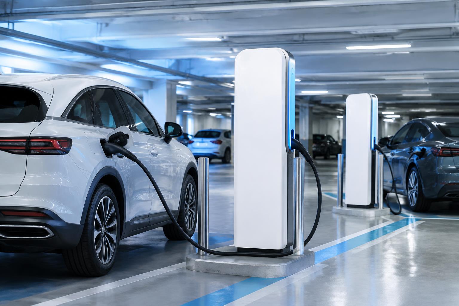 Electric vehicle connected to a commercial charging station