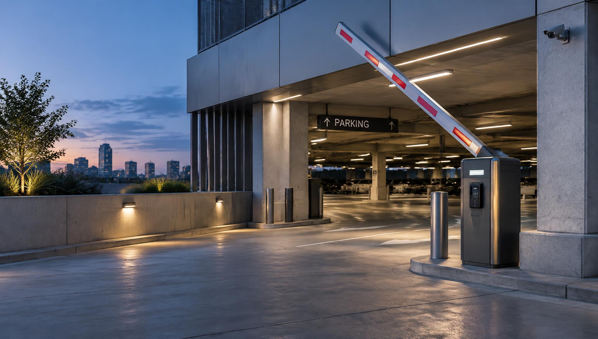 Barrier gate and card reader pedestal at a lit commercial parking garage entrance