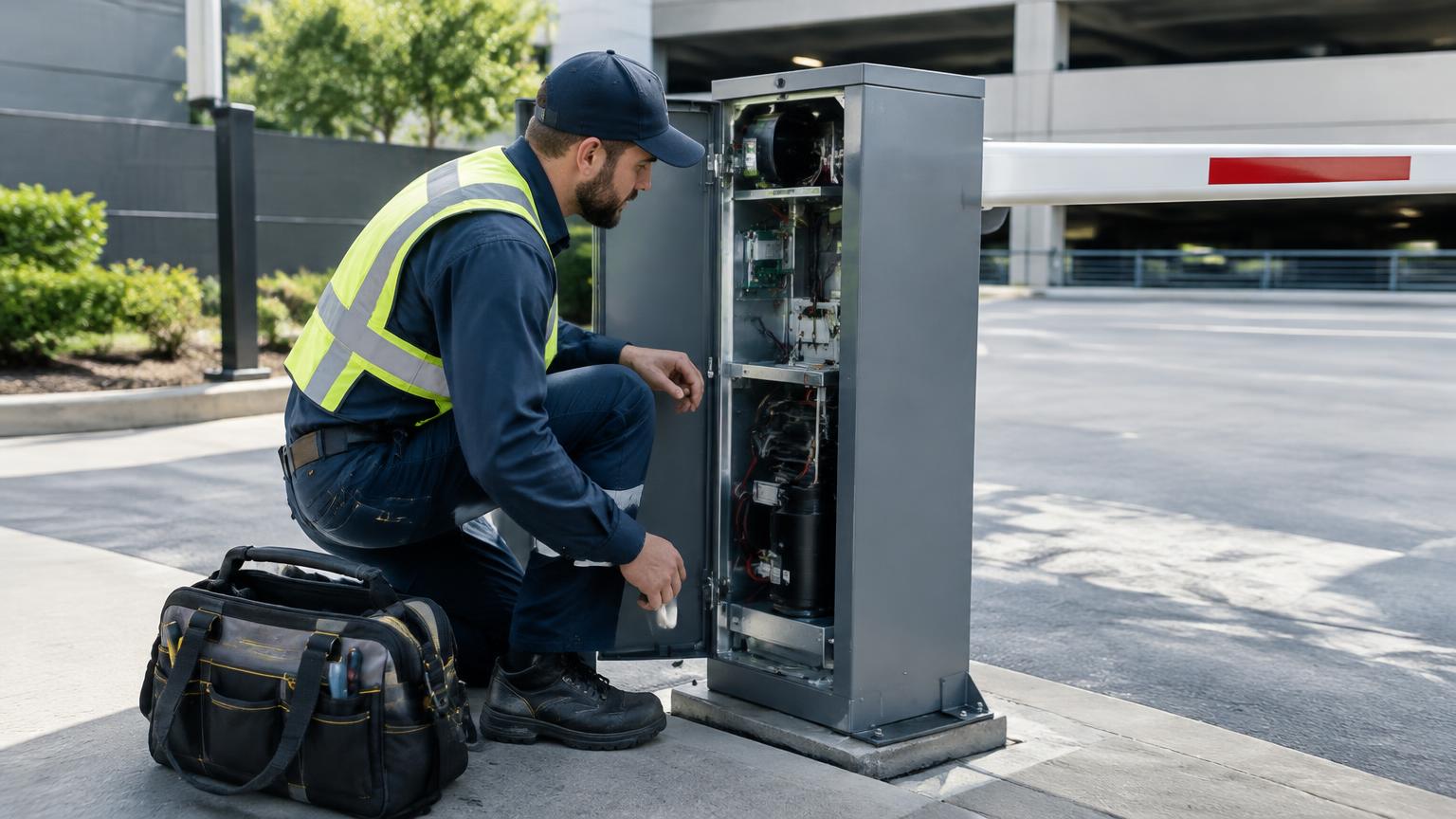 Technician servicing a parking barrier gate operator